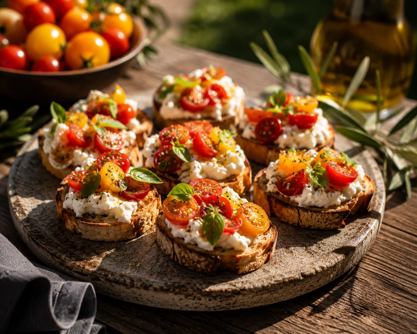 Italian bruschette with tomatoes, stracciatella and basil