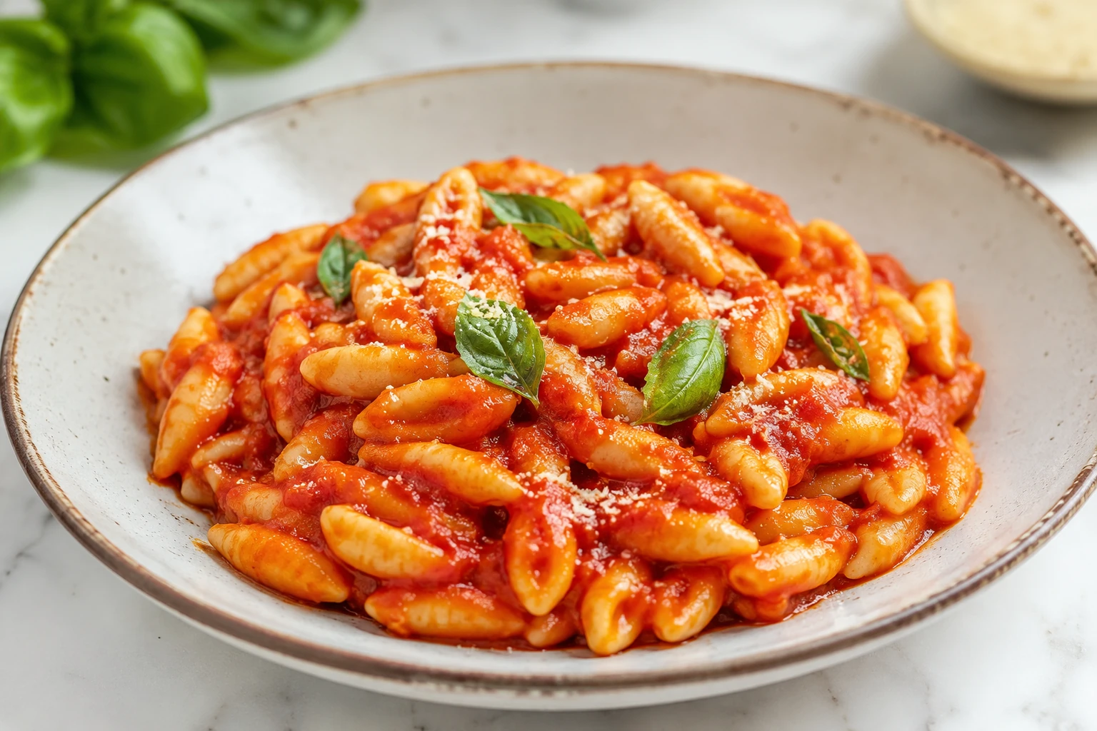 Cavatelli al pomodoro with tomato sauce, basil, and Parmigiano