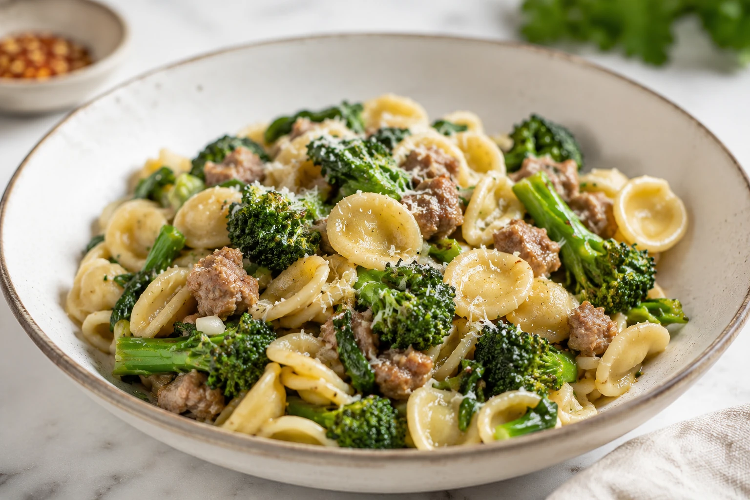 Orecchiette with Italian sausage, broccoli, and pecorino