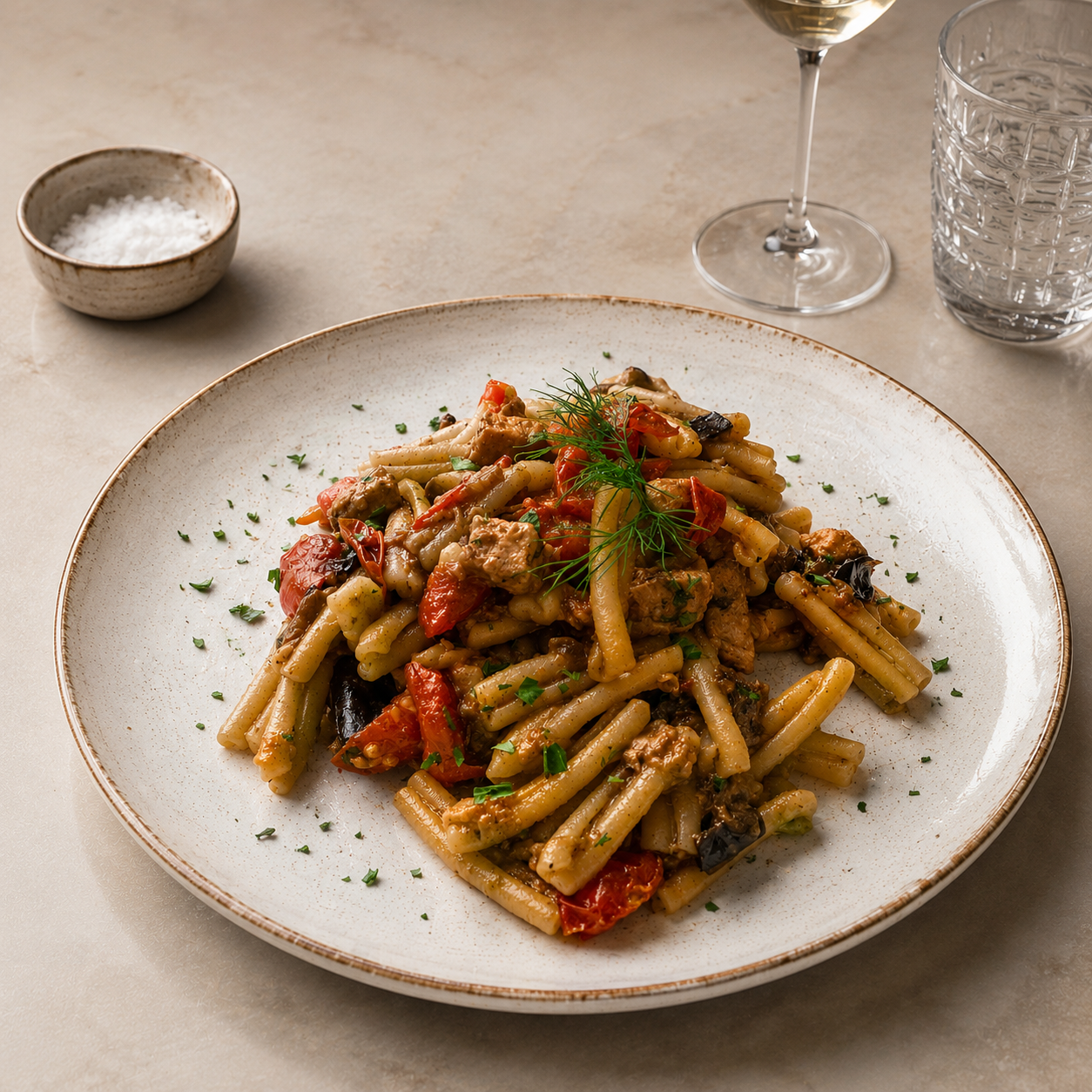 Caserecce pasta with swordfish, eggplant, cherry tomatoes, and Mediterranean herbs