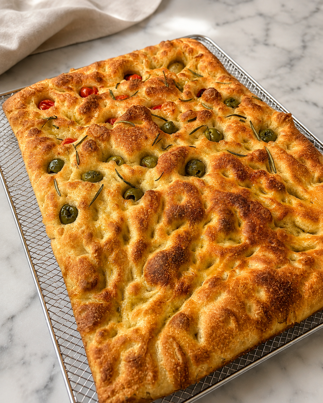 Golden focaccia with olives, cherry tomatoes, and rosemary