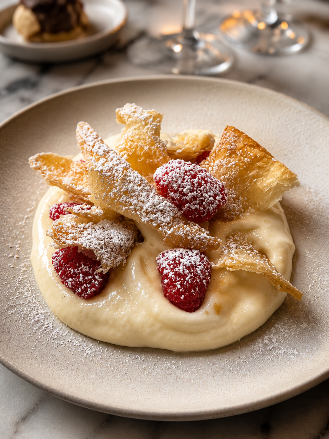 Deconstructed millefoglie with pastry cream, raspberries, and crisp puff pastry