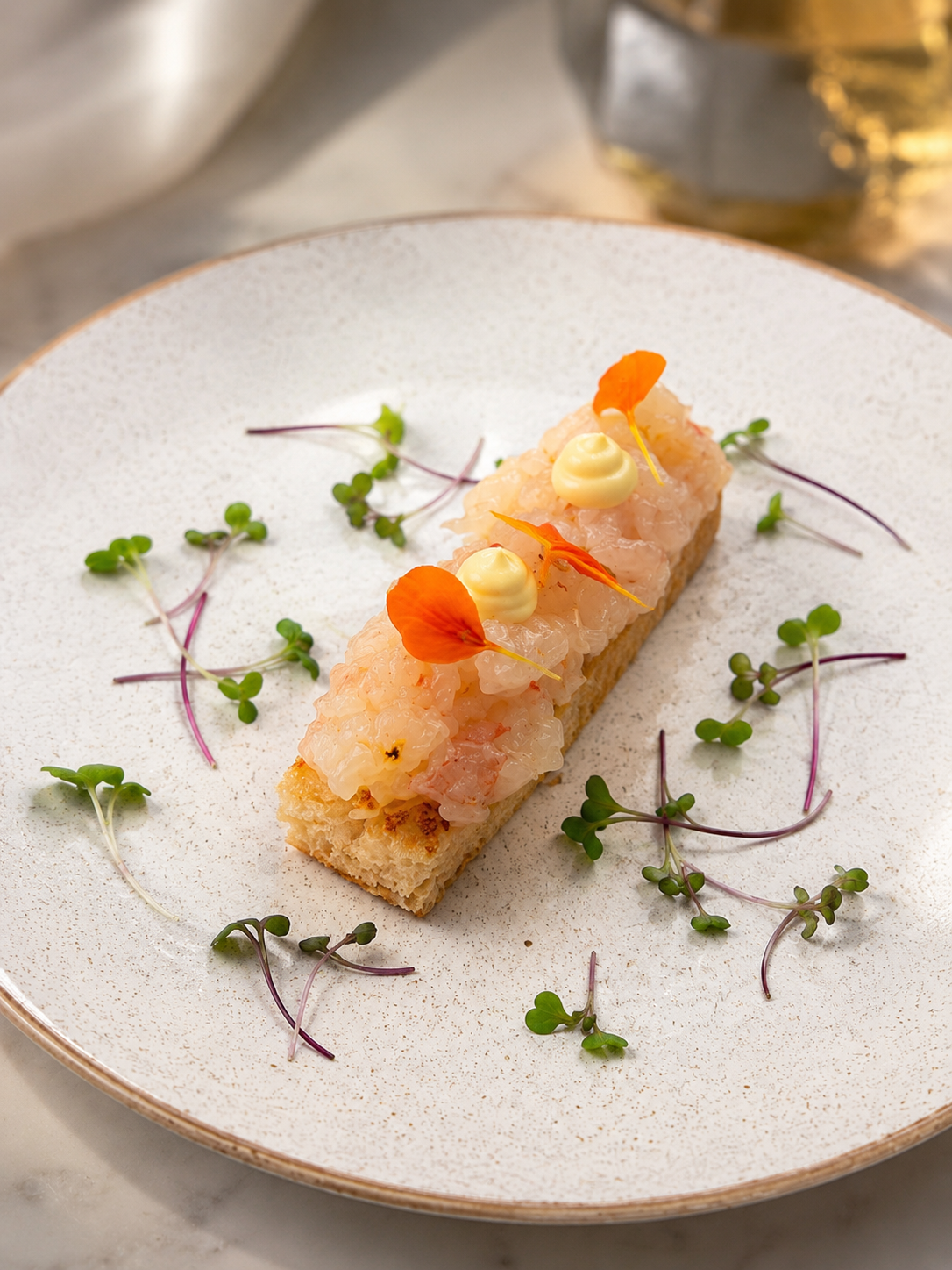 Red shrimp tartare served on toasted bread with citrus cream and edible flowers