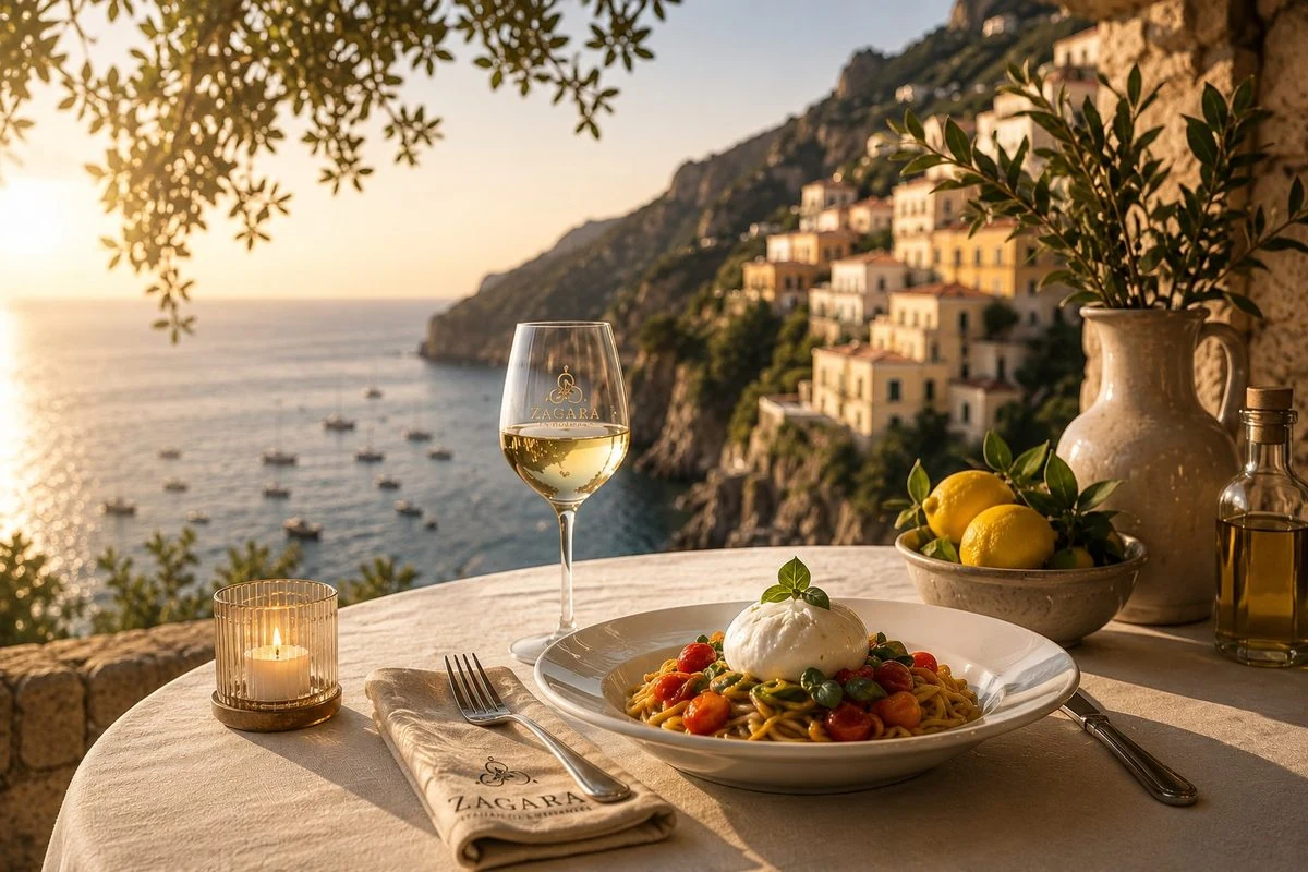 Zagara dining experience — Italian coastal setting with pasta and white wine
