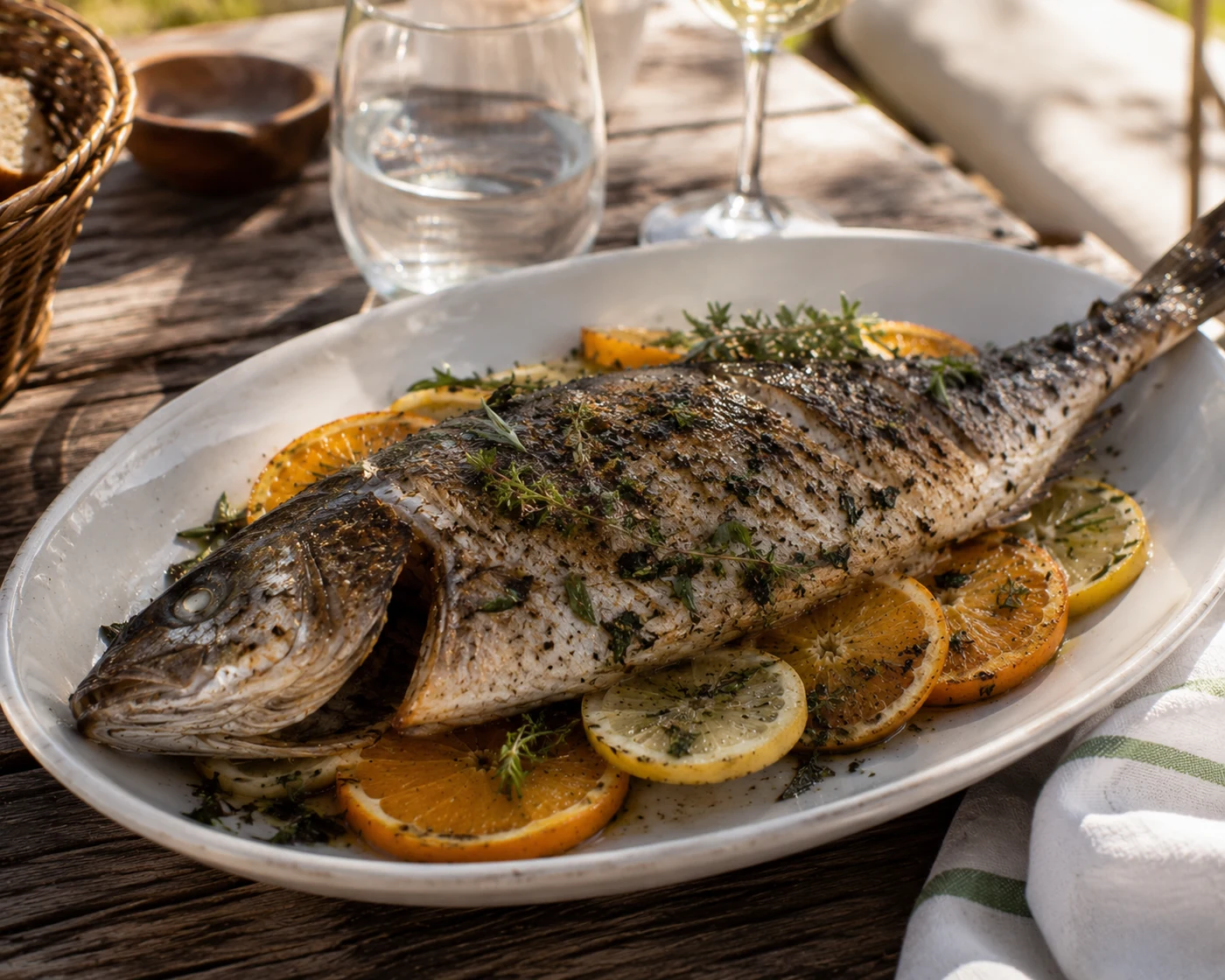Whole Mediterranean fish with citrus and herbs