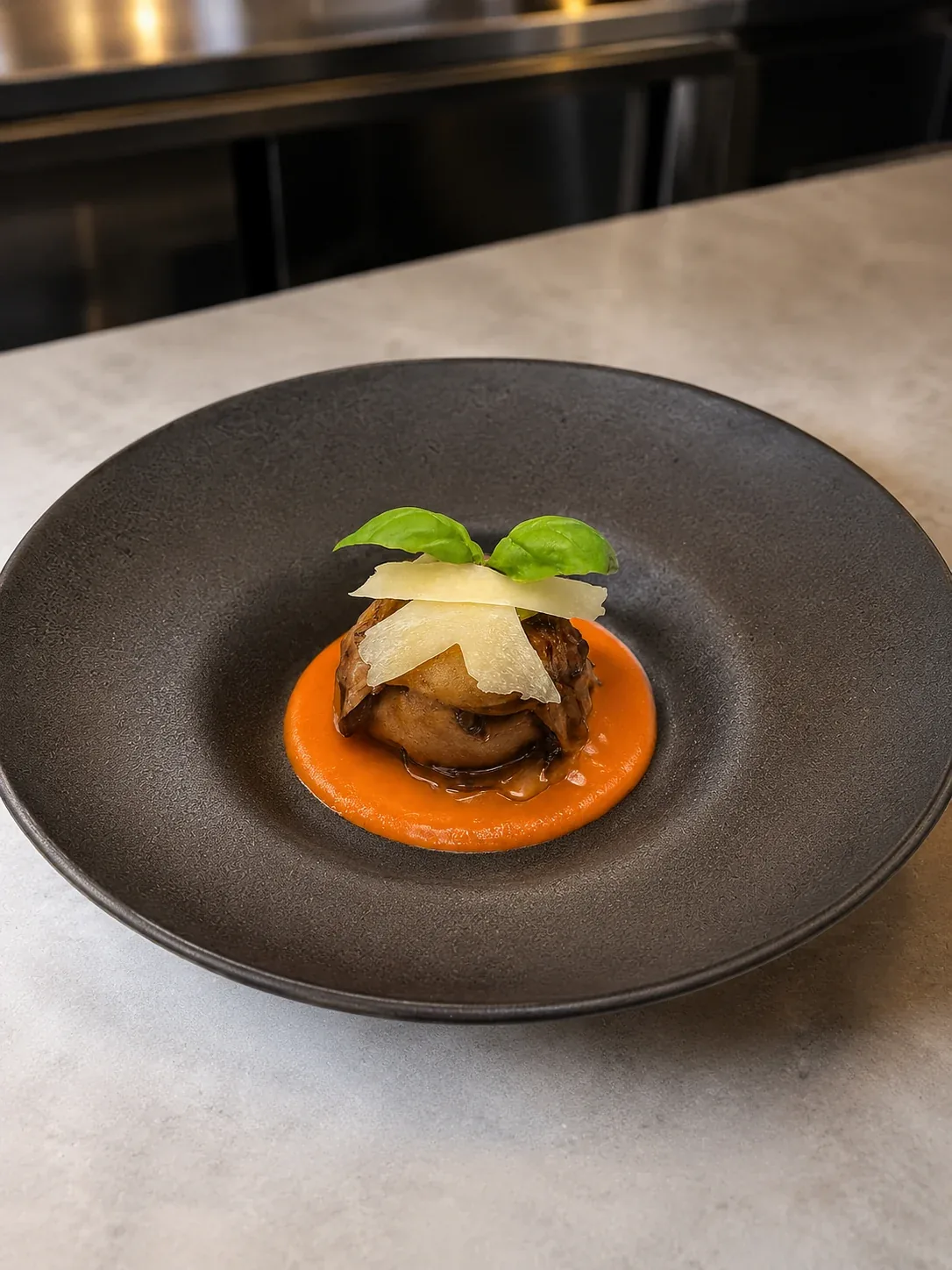 Plated eggplant course with tomato sauce and cheese