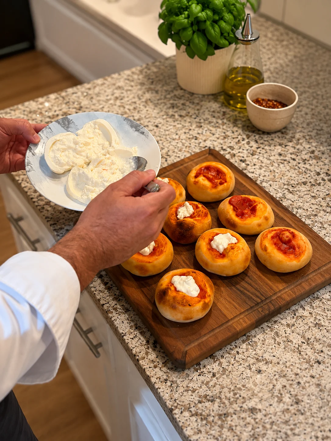 Chef finishing Italian pizzette in a vacation home kitchen